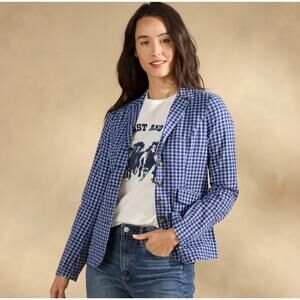 Sundance Women Blue Gingham Linen Five-Button Ziri Blazer Jacket PL Gingham